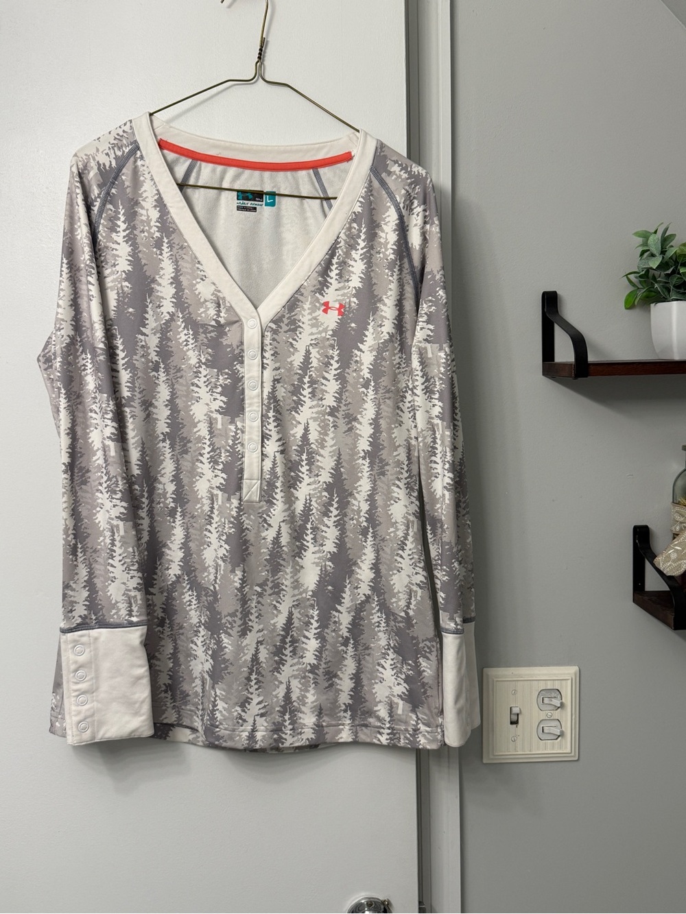 Under Armour Women's Gray Tree-Print Long Sleeve Henley with Coral Accent